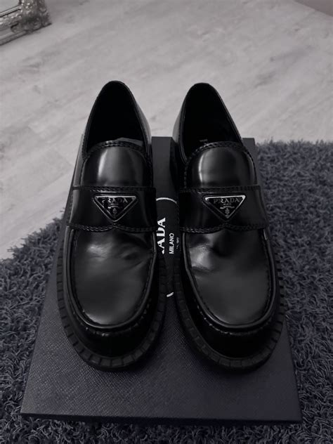 prada logo plaque chunky heel loafers|Prada loafers farfetch.